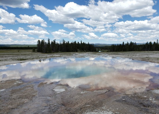 Grand Prismatic Spring steam and cloud reflections!